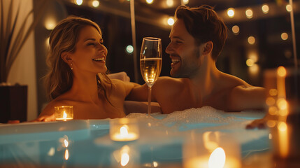Couple enjoying romantic moments in the bathtub while drinking wine