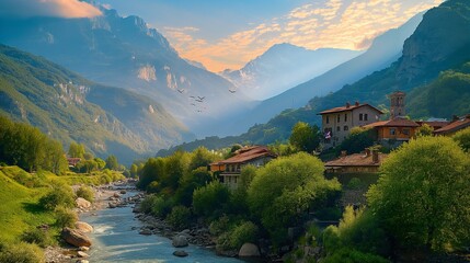 A captivating scene of crystal-clear streams weaving through rugged mountains, framing charming villages, with the elegant flight of birds adding a touch of magic to the landscape.