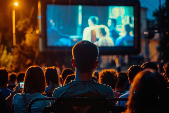 Community outdoor cinema night with a large screen under the stars Bringing people together for a shared movie experience