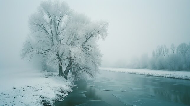 Winter landscape of a tree near the river