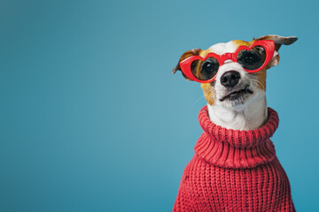 An adorable dog is rocking heart-framed red sunglasses and a red knitted sweater against a solid blue backdrop