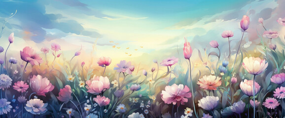 Whimsical gradient garden with blooming flowers and chirping birds, portraying the cutest and most...