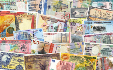 Colorful world paper banknote collage, money background - obrazy, fototapety, plakaty