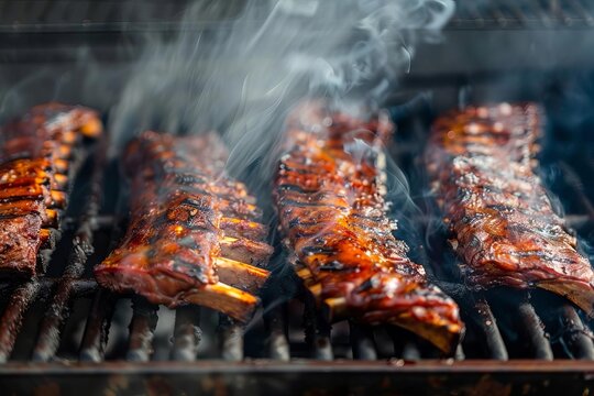 Detailed image of barbecue ribs being grilled to perfection Smoke rising Capturing the essence of outdoor cooking