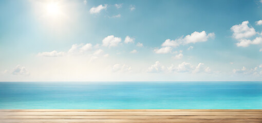 Obraz premium Empty Wooden Table with Sunny Sea