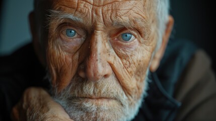 emotional close-up portrait of a sad elderly man with blue eyes