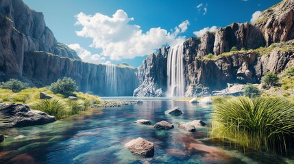 A cascading waterfall flowing down rugged cliffs, blending into a tranquil river beneath a...