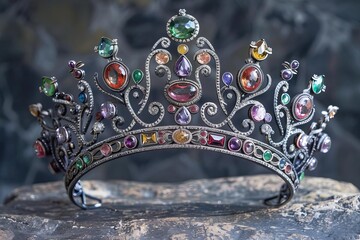 Exquisite royal crown crafted from silver Adorned with a variety of gemstones Symbolizing nobility and power. - obrazy, fototapety, plakaty