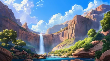 Deurstickers A cascading waterfall flowing down rugged cliffs, blending into a tranquil river beneath a picturesque blue sky. © Exotic Images