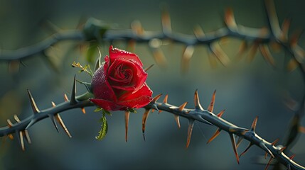 A single red rose amidst thorns in a poignant Good Friday scene. - obrazy, fototapety, plakaty