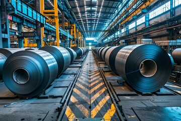 Industrial rolls of steel sheet in a factory setting Highlighting the manufacturing process and storage