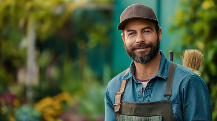Cheerful landscaper in overalls with a brush, ready for garden maintenance. - obrazy, fototapety, plakaty