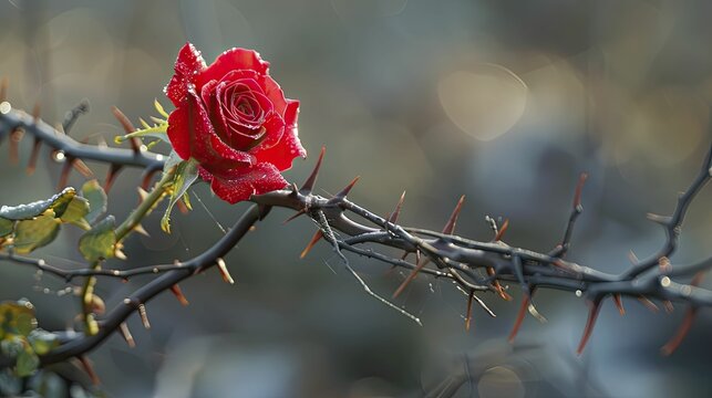 A single red rose stands poignantly amidst thorns on Good Friday, framed in solemn beauty.