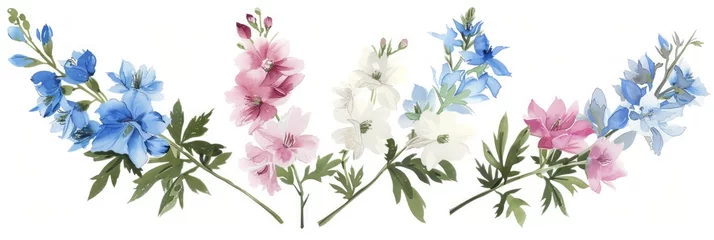 Gordijnen Pastel Delphiniums Watercolor Set on White Background Generative AI © AlexandraRooss