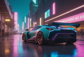 Tuned Sport Car , cyberpunk Retro Sports Car On Neon Highway. Powerful acceleration of a supercar on a night track with colorful lights and trails - obrazy, fototapety, plakaty
