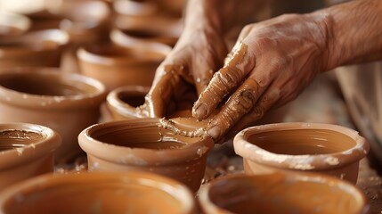 Hands Forming Clay Pots on Pottery Wheel in Brown and Gold Style