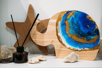 Epoxy Resin Art on Wooden Elephant Sculpture