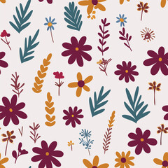 Watercolor vintage flowers seamless pattern with boho branches and gold leaves on white background. For boho or rustic style decoration.
