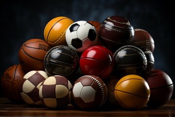 Many different sport balls on dark wooden table against black background, space for text - 750818748