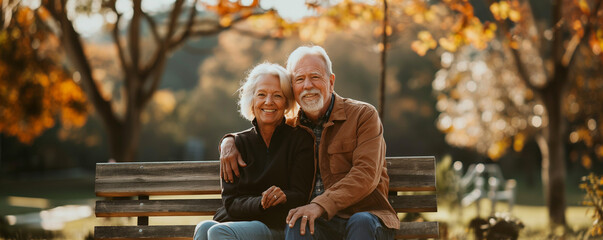 happy sweet senior husband and wife sitting on wooden bench in city part with copy space, concept of retirement life, happy and healthy lifestyle. - obrazy, fototapety, plakaty