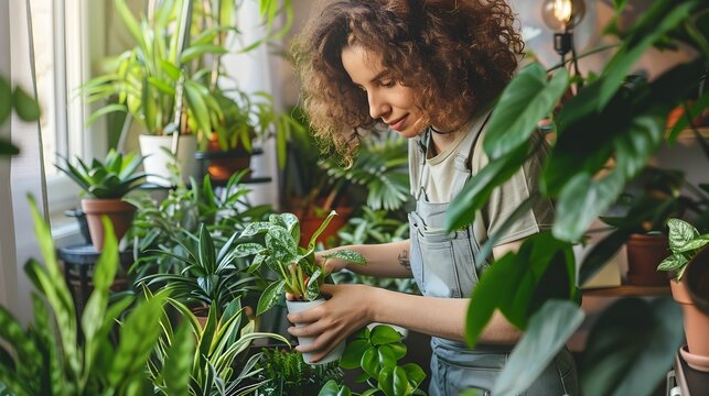 Woman Nurturing Exotic Houseplants in Greenhouse