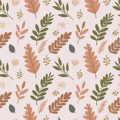Watercolor vintage flowers seamless pattern with boho branches and gold leaves on white background. For boho or rustic style decoration.
