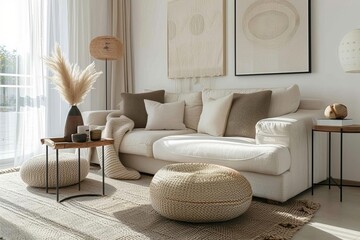 Modern studio apartment with a stylish and comfortable interior design Featuring a beige sofa and chic home accessories