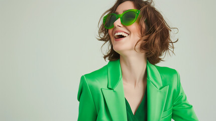 Happy mid aged business woman in green blazer and trendy green framed sunglasses looking to side isolated on white background with copy space.