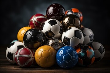 Many different sport balls on dark wooden table against black background, space for text - obrazy, fototapety, plakaty