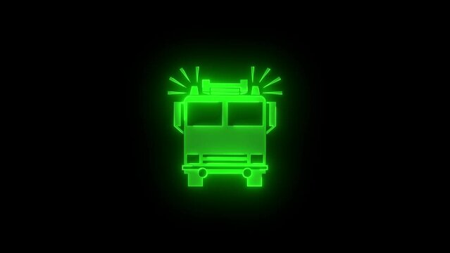 Fire engine icon glowing neon green color animation black background