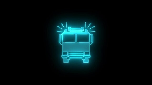 Fire engine icon glowing neon cyan color animation black background