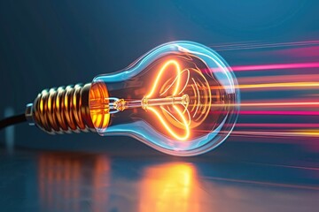 Dynamic light bulb with speed lines effect - A light bulb with stylized speed lines portrays speed, motion, and rapid thinking or innovation - obrazy, fototapety, plakaty