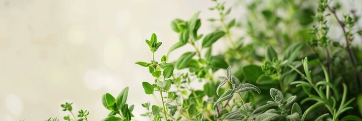 Fresh herbs banner with blurred background - A panoramic banner showcasing a variety of green culinary herbs on a soft backdrop - obrazy, fototapety, plakaty