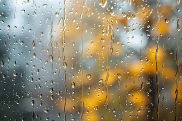 Foto auf Acrylglas Rainy autumn day scene with raindrops on window glass Capturing the moody and reflective essence of the season © Bijac