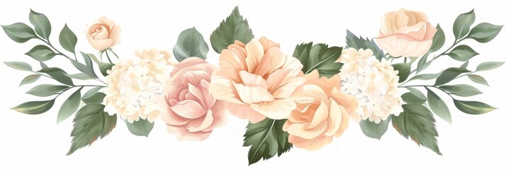 Pastel Tropical Floral Garland with Rose, Peony, and Hydrangea on White Background Generative AI