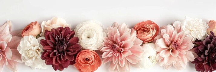 Pastel Colors and Luxury Flowers: Dusty Pink Rose, Creamy Coral Dahlia, Burgundy Peony, and White Peony on White Background Generative AI