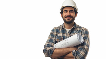 Smiling architect with white hardhat and blueprints under his arm. - obrazy, fototapety, plakaty