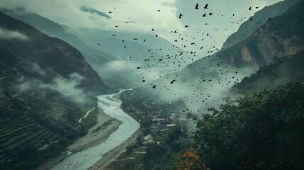 A cinematic panorama featuring the mesmerizing journey of streams through mountains, embracing villages, while elegant birds elevate the scene with their fluid movements.