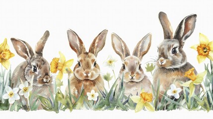 Watercolor border frame featuring Easter bunnies and daffodils for Easter Monday celebrations.