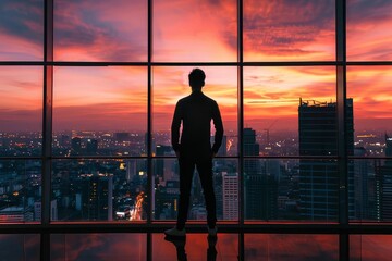 Fototapeta na wymiar Silhouette of a determined entrepreneur overlooking the city skyline at dawn Symbolizing ambition and future success