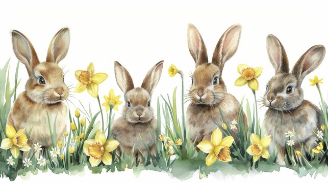 Watercolor Easter bunnies and daffodils encircle a frame for Easter Monday celebrations.