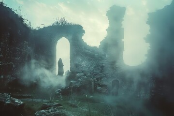 Transparent apparition of a historical figure Seen through the mist in an ancient castle's ruins Invoking a sense of mystery and the supernatural