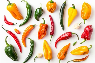 Fotobehang Vibrant collection of various chili peppers Showcasing different shapes Colors And sizes Isolated on a white background © Bijac