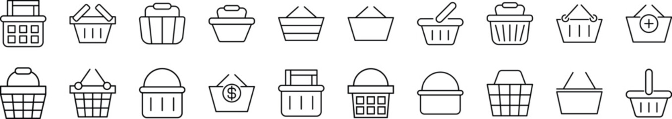 Collection of thin line icons of shopping baskets. Editable stroke. Simple linear illustration for web sites, newspapers, articles book