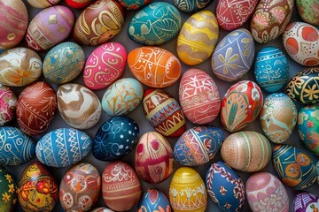 Fototapeta na wymiar Vibrant collection of easter eggs in a variety of colors and patterns Arranged artistically to celebrate the joy and renewal of the easter holiday Perfect for seasonal greetings and festive decoration