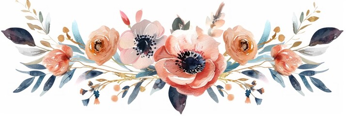 Watercolor Flower Wreath with Rose and Anemone in Gold Frame - Perfect for Weddings Generative AI - obrazy, fototapety, plakaty