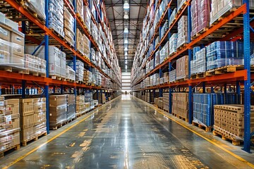 Warehouse interior with rows of shelves stocked with goods Representing the logistics and distribution industry - obrazy, fototapety, plakaty