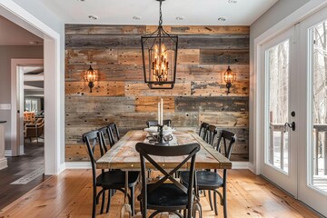 Warm and inviting dining area set against a rustic wood wall Creating a cozy atmosphere for family meals and gatherings With a focus on simplicity and homely charm