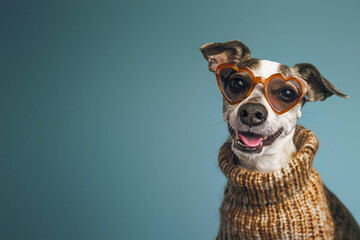 A happy-looking dog donning a knit sweater and heart-shaped glasses on a teal background