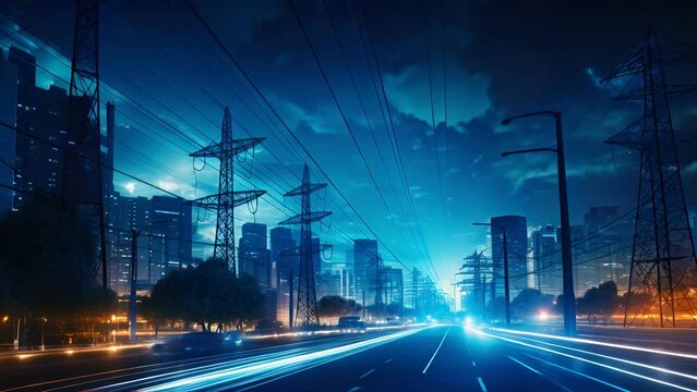 Electricity transmission towers with orange glowing wires the starry night sky. Energy infrastructure concept, energy, electricity, voltage, supply